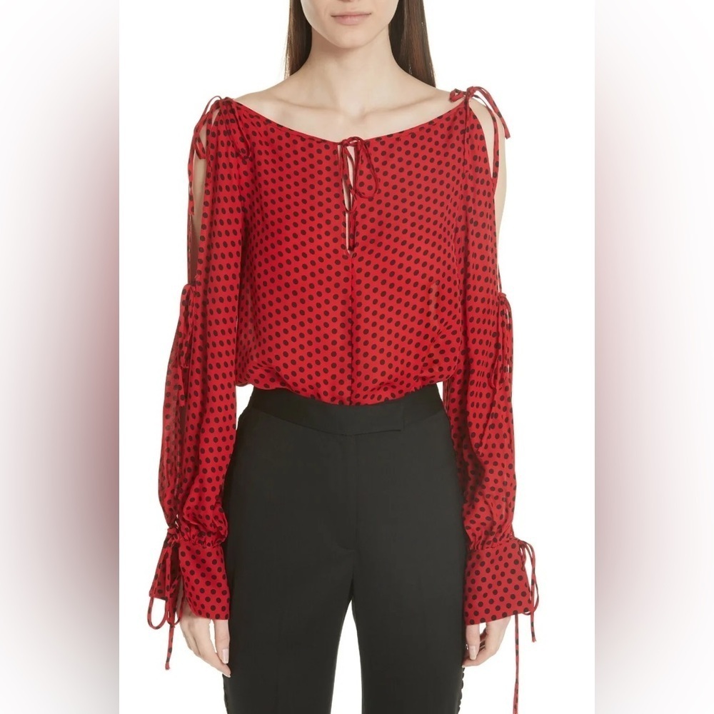 MILLY Connie Polka Dot Print Silk Top Blouse w/ Tie Detail